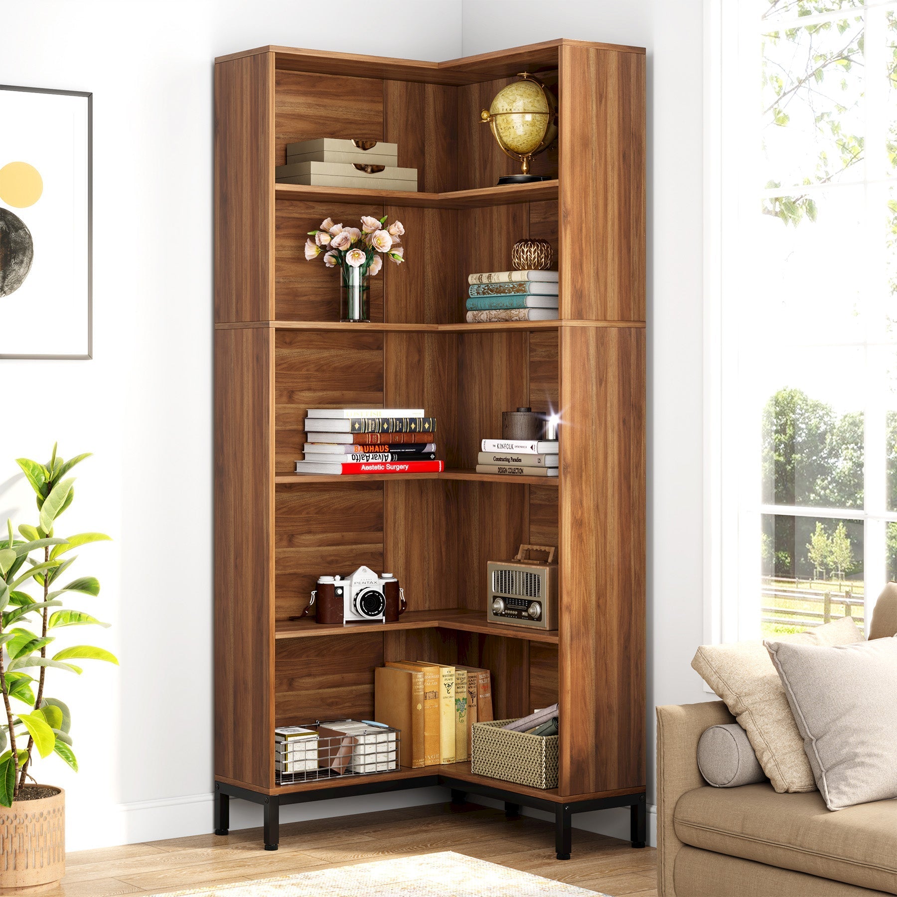 6-Tier Corner Bookcase, 71 inch L-Shaped Etagere Bookshelf Tribesigns